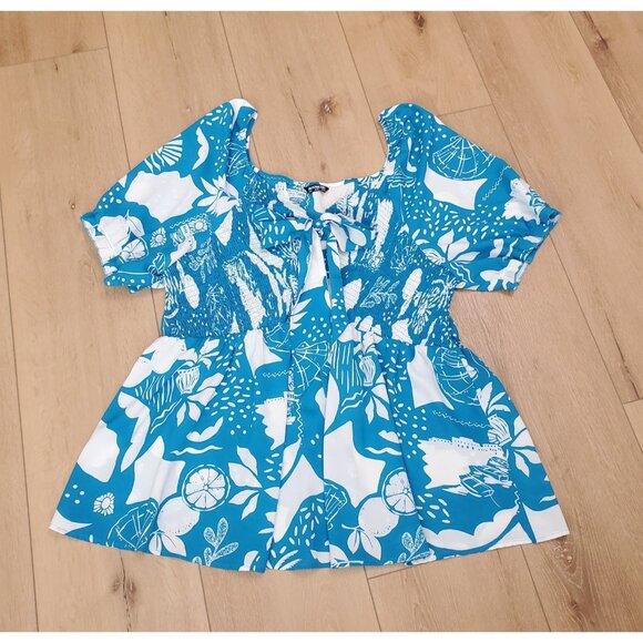 BloomChic Blue & White Floral Blouse Plus Size 26 Top Boho Cottage Bow Short Slv - Picture 1 of 8
